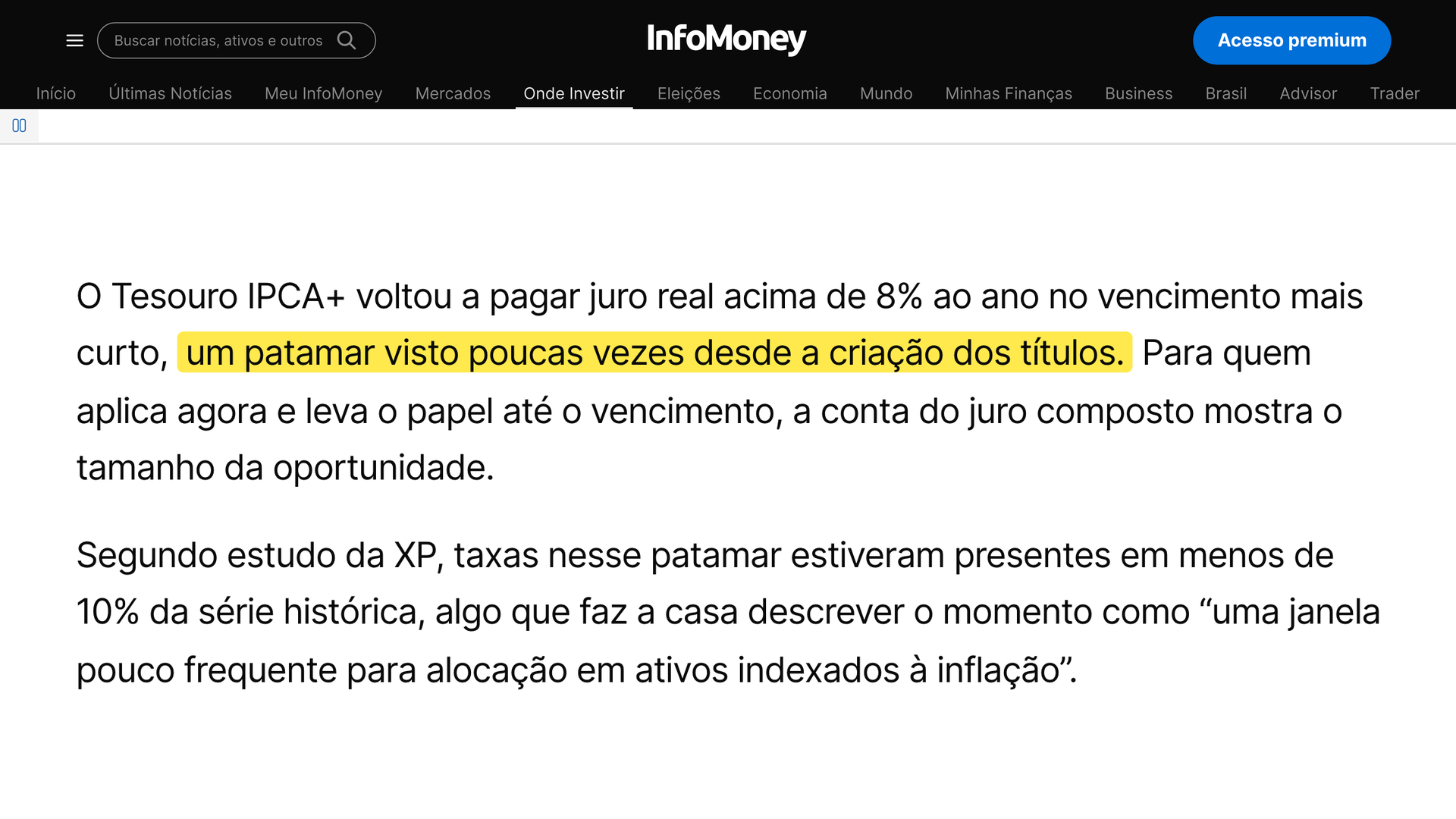 Trecho da InfoMoney com o estudo da XP sobre o Tesouro IPCA+